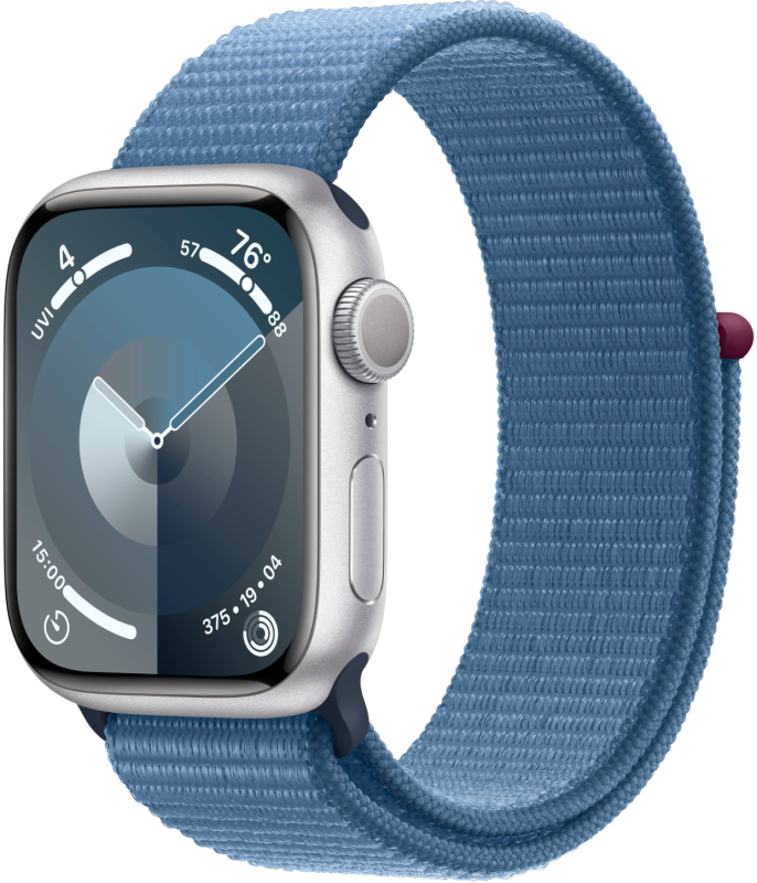 Apple Watch Series 9, 41 мм, корпус из алюминия серебристого цвета, нейлоновый ремешок цвета «ледяной синий»